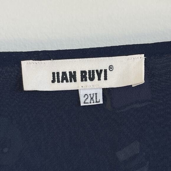 Jian Ruyi 2XL Blue Printed Semi Sheer Tiered Midi Dress Sheer Puff Sleeves - Picture 3 of 11